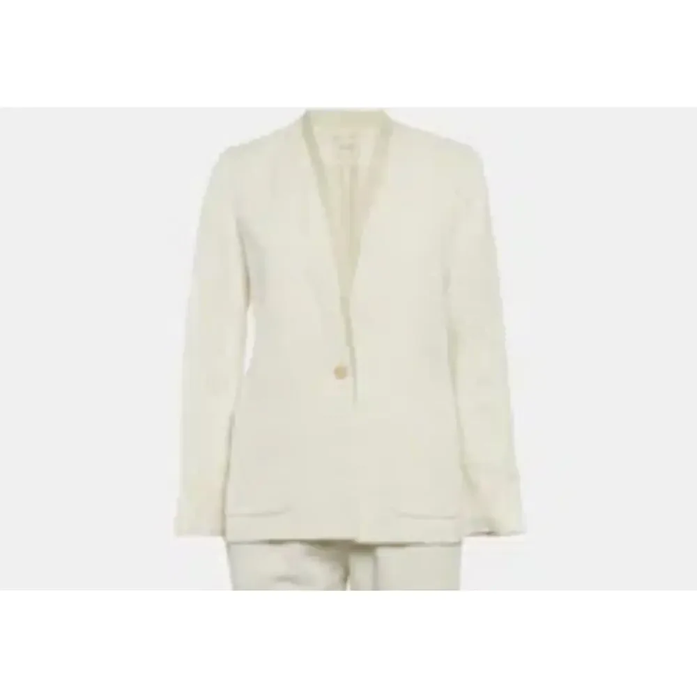 Maje Ivory Crepe Blazer Leather Trim Tailored Career Jacket US 8